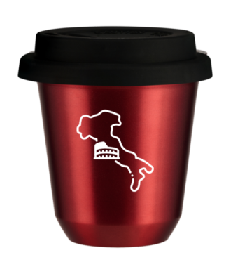 Kubek 150 ml CZERWONY METALIC "Włochy (biały)", z czarną pokrywką Kubek 150 ml CZERWONY METALIC "Włochy (biały)", z czarną pokrywką