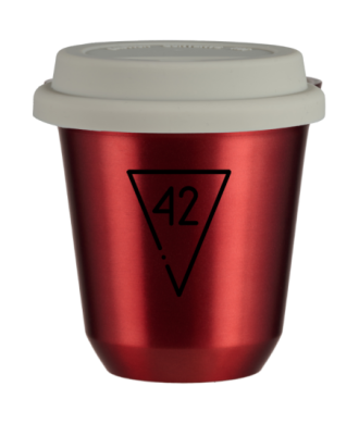 Kubek 150 ml CZERWONY METALIC "42", z białą pokrywką Kubek 150 ml CZERWONY METALIC "42", z białą pokrywką
