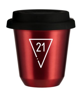 Kubek 150 ml CZERWONY METALIC "21 (biały)", z czarną pokrywką Kubek 150 ml CZERWONY METALIC "21 (biały)", z czarną pokrywką