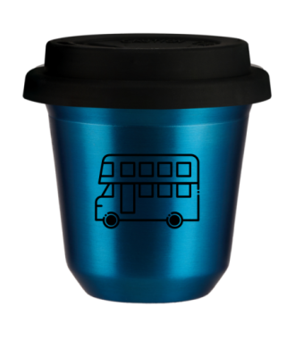 Kubek 150 ml NIEBIESKI METALIC "Autobus", z czarną pokrywką Kubek 150 ml NIEBIESKI METALIC "Autobus", z czarną pokrywką