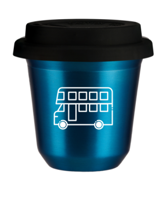 Kubek 150 ml NIEBIESKI METALIC "Autobus (biały)", z czarną pokrywką Kubek 150 ml NIEBIESKI METALIC "Autobus (biały)", z czarną pokrywką