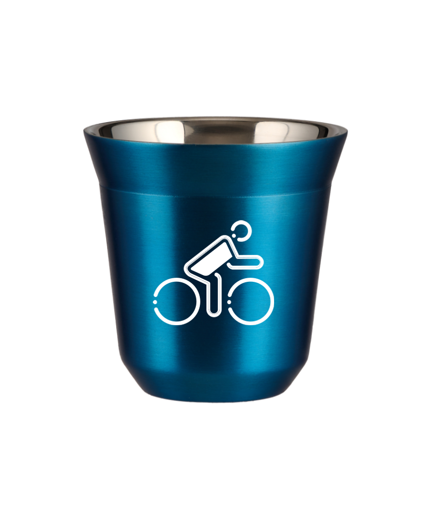 Kubek 150 ml NIEBIESKI METALIC "Kolarz w polskich barwach (biały)"