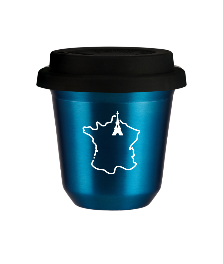 Kubek 150 ml NIEBIESKI METALIC "Francja (biały)", z czarną pokrywką Kubek 150 ml NIEBIESKI METALIC "Francja (biały)", z czarną pokrywką