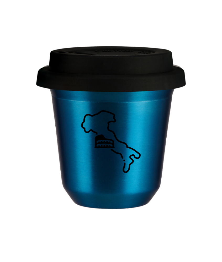 Kubek 150 ml NIEBIESKI METALIC "Włochy (czarny)", z czarną pokrywką