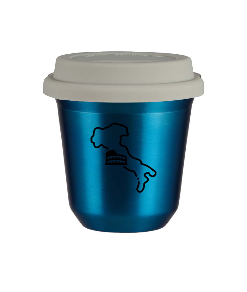 Kubek 150 ml NIEBIESKI METALIC "Włochy (czarny)", z białą pokrywką