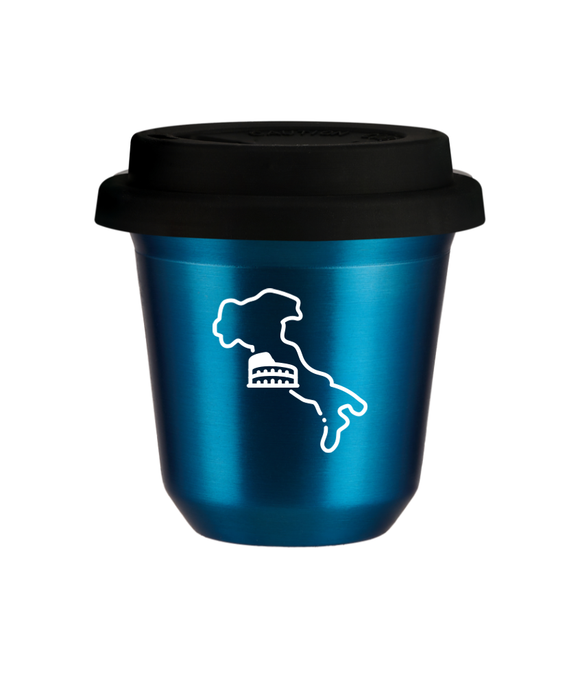 Kubek 150 ml NIEBIESKI METALIC "Włochy (biały)", z czarną pokrywką