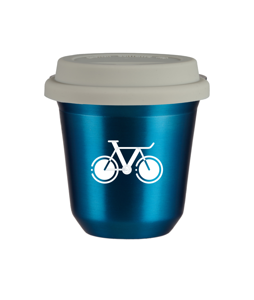 Kubek 150 ml NIEBIESKI METALIC "Rower 1 (biały)", z białą pokrywką