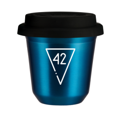 Cup 150 ml METALLIC BLUE "42 (white)", with black lid