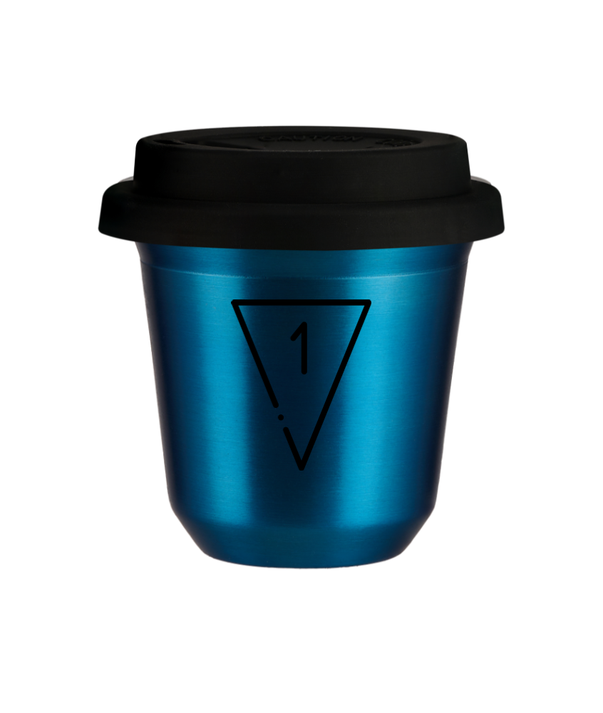 Kubek 150 ml NIEBIESKI METALIC "1", z czarną pokrywką