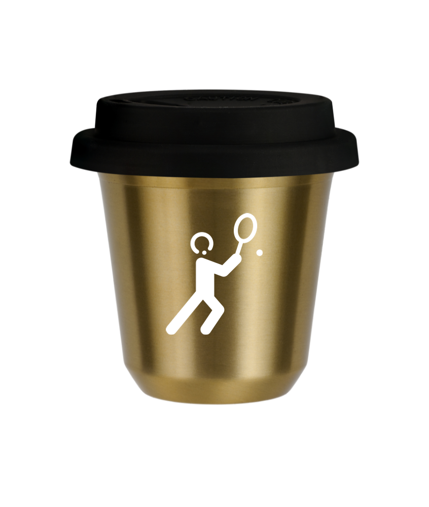 Kubek 150 ml ZŁOTY "Tenis 1 (biały)", z czarną pokrywką