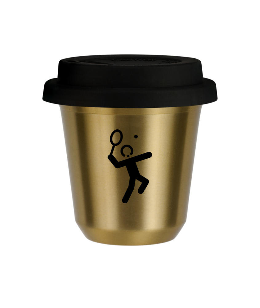 Kubek 150 ml ZŁOTY "Tenis 2 (czarny)", z czarną pokrywką