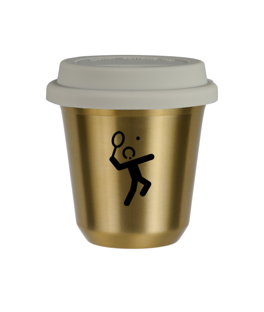 Kubek 150 ml ZŁOTY "Tenis 2 (czarny)", z białą pokrywką