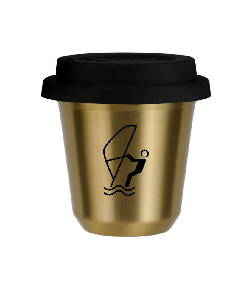 Kubek 150 ml ZŁOTY "Sporty wodne (czarny)", z czarną pokrywką