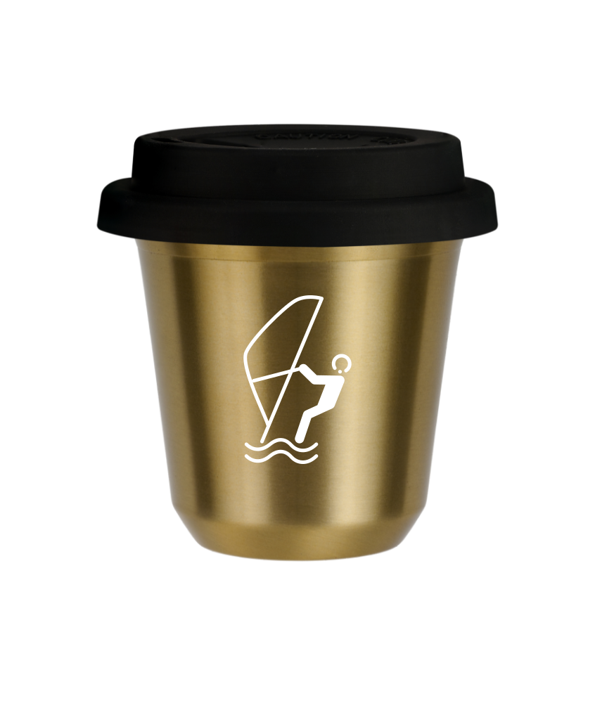 Kubek 150 ml ZŁOTY "Sporty wodne (biały)", z czarną pokrywką