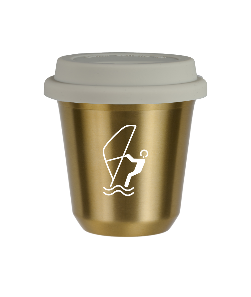Kubek 150 ml ZŁOTY "Sporty wodne (biały)", z białą pokrywką
