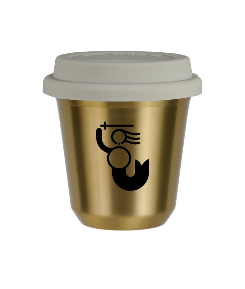 Kubek 150 ml ZŁOTY "WARSZAWSKA SYRENKA (czarny)", z białą pokrywką