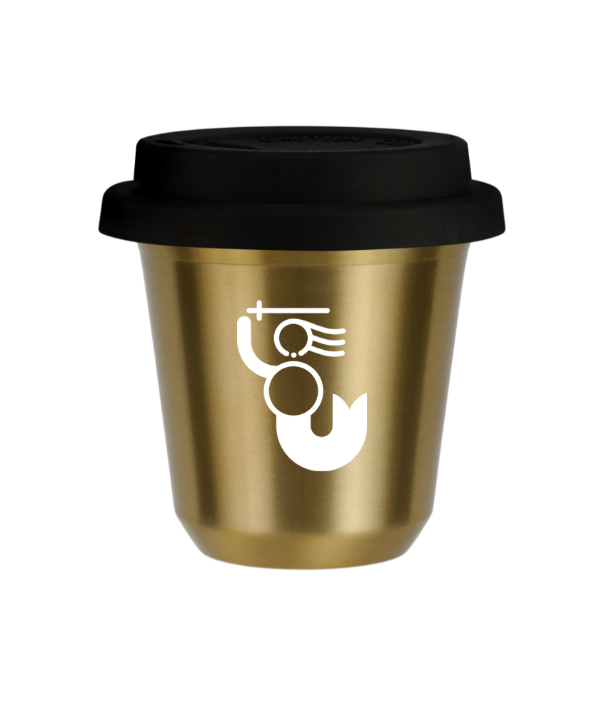 Kubek 150 ml ZŁOTY "WARSZAWSKA SYRENKA (biały)", z czarną pokrywką