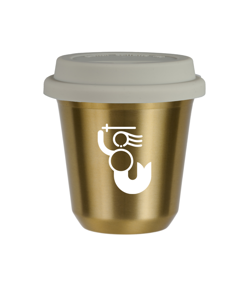 Kubek 150 ml ZŁOTY "WARSZAWSKA SYRENKA (biały)", z białą pokrywką