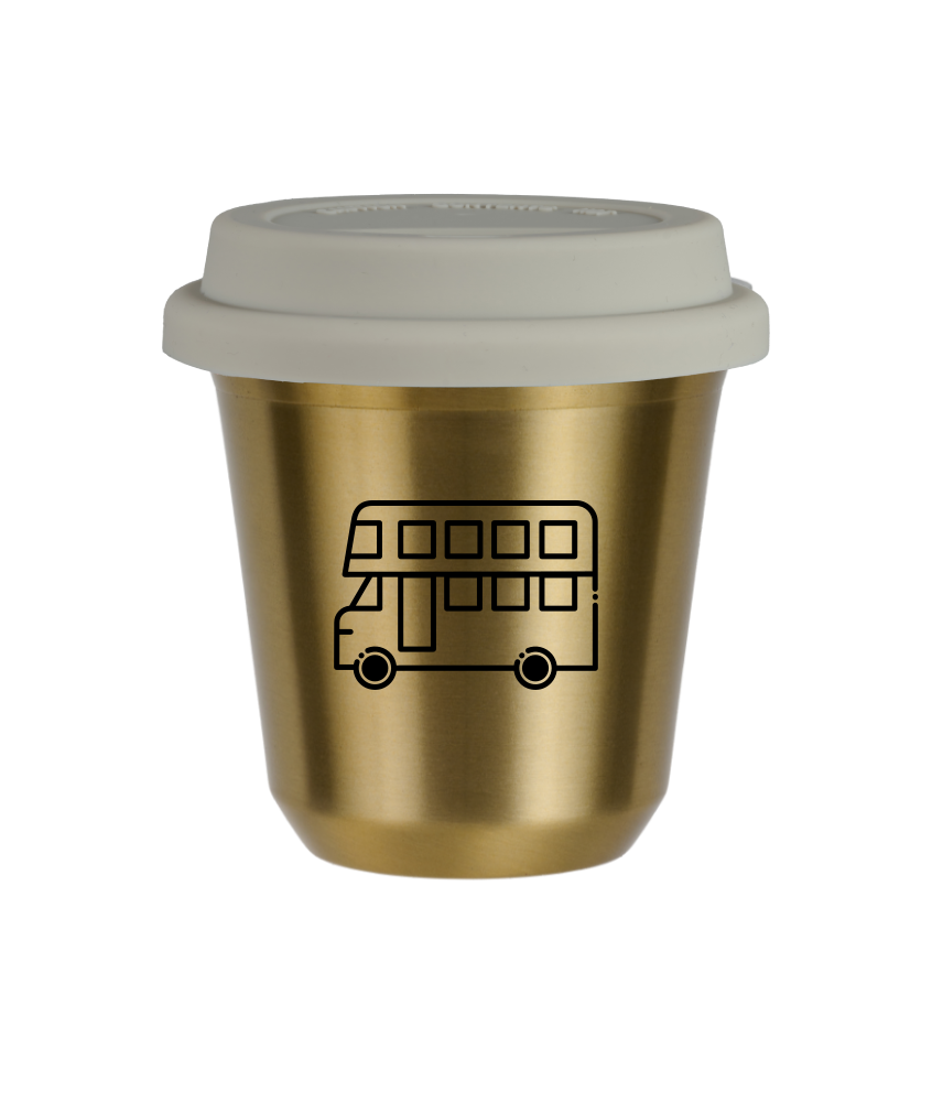 Kubek 150 ml ZŁOTY "Autobus", z białą pokrywką