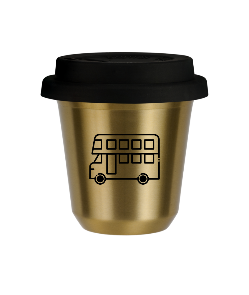 Kubek 150 ml ZŁOTY "Autobus (czarny)", z czarną pokrywką