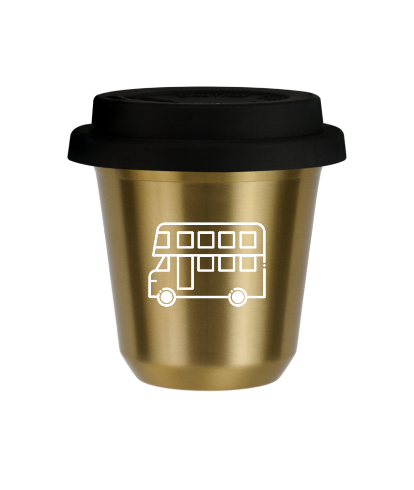 Kubek 150 ml ZŁOTY "Autobus (biały)", z czarną pokrywką