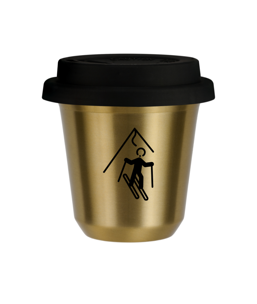 Kubek 150 ml ZŁOTY "Narciarstwo", z czarną pokrywką