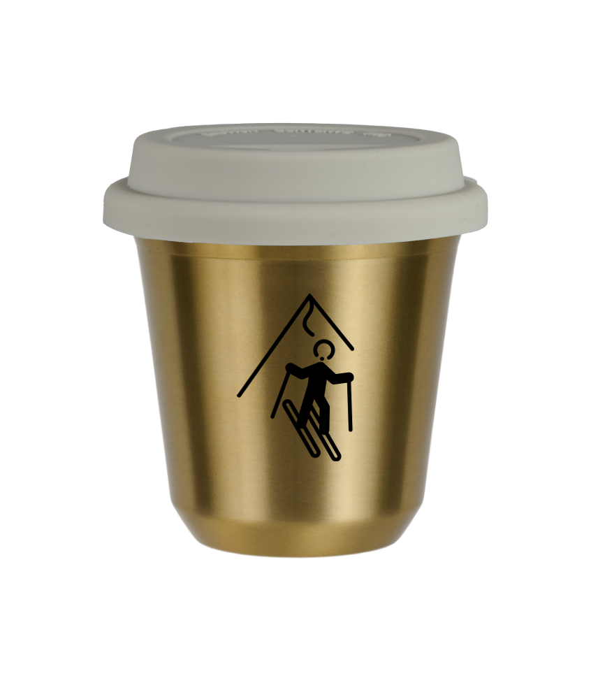Kubek 150 ml ZŁOTY "Narciarstwo", z białą pokrywką