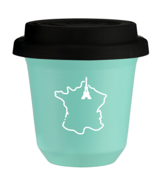 Kubek 150 ml TURKUSOWY "Francja (biały)", z czarną pokrywką Kubek 150 ml TURKUSOWY "Francja (biały)", z czarną pokrywką