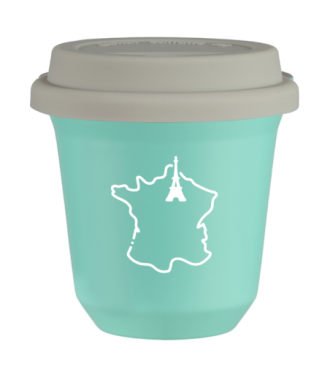 Kubek 150 ml TURKUSOWY "Francja (biały)", z białą pokrywką Kubek 150 ml TURKUSOWY "Francja (biały)", z białą pokrywką
