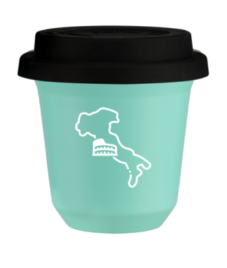 Kubek 150 ml TURKUSOWY "Włochy (biały)", z czarną pokrywką Kubek 150 ml TURKUSOWY "Włochy (biały)", z czarną pokrywką
