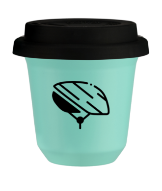 Kubek 150 ml TURKUSOWY "Kask (czarny)", z czarną pokrywką Kubek 150 ml TURKUSOWY "Kask (czarny)", z czarną pokrywką