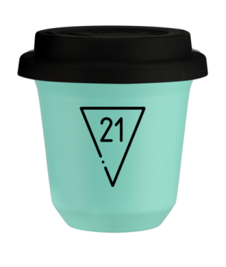 Kubek 150 ml TURKUSOWY "21 (czarny)", z czarną pokrywką Kubek 150 ml TURKUSOWY "21 (czarny)", z czarną pokrywką