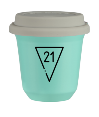 Kubek 150 ml TURKUSOWY "21 (czarny)", z białą pokrywką Kubek 150 ml TURKUSOWY "21 (czarny)", z białą pokrywką