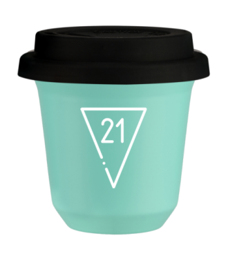 Kubek 150 ml TURKUSOWY "21 (biały)", z czarną pokrywką Kubek 150 ml TURKUSOWY "21 (biały)", z czarną pokrywką