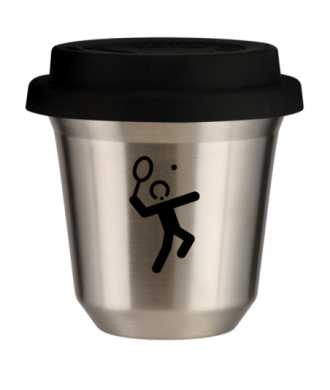 Kubek 150 ml SREBRNY "Tenis 2 (czarny)", z czarną pokrywką Kubek 150 ml SREBRNY "Tenis 2 (czarny)", z czarną pokrywką