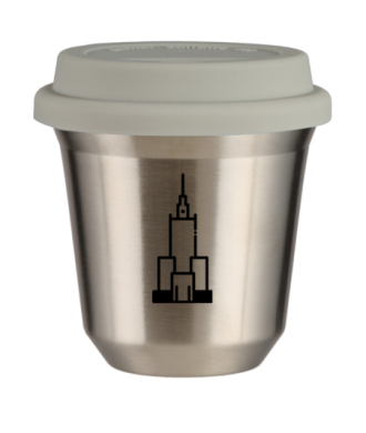 Kubek 150 ml SREBRNY "Pałac kultury i nauki", z białą pokrywką Kubek 150 ml SREBRNY "Pałac kultury i nauki", z białą pokrywką
