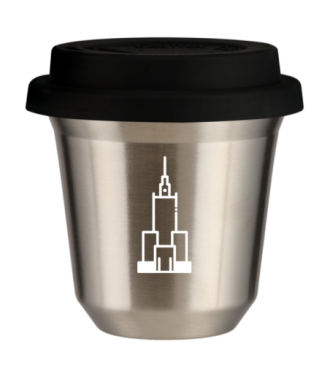 Kubek 150 ml SREBRNY "Pałac kultury i nauki (biały)", z czarną pokrywką Kubek 150 ml SREBRNY "Pałac kultury i nauki (biały)", z czarną pokrywką