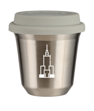 Kubek 150 ml SREBRNY "Pałac kultury i nauki (biały)", z białą pokrywką Kubek 150 ml SREBRNY "Pałac kultury i nauki (biały)", z białą pokrywką