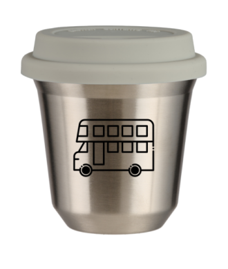 Kubek 150 ml SREBRNY "Autobus (czarny)", z białą pokrywką Kubek 150 ml SREBRNY "Autobus (czarny)", z białą pokrywką