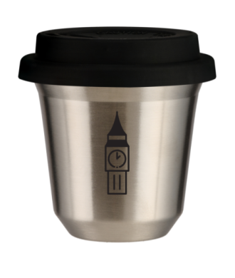 Kubek 150 ml SREBRNY "BIG BEN (czarny)", z czarną pokrywką Kubek 150 ml SREBRNY "BIG BEN (czarny)", z czarną pokrywką