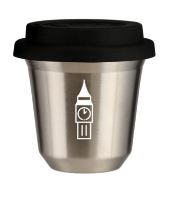 Kubek 150 ml SREBRNY "BIG BEN (biały)", z czarną pokrywką Kubek 150 ml SREBRNY "BIG BEN (biały)", z czarną pokrywką