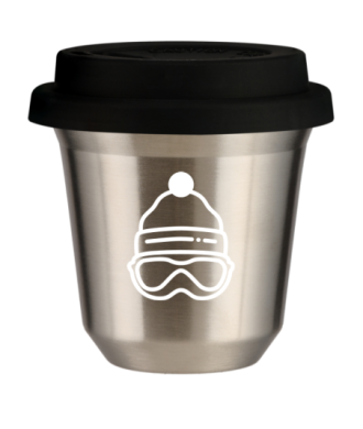 Kubek 150 ml SREBRNY "Czapka (biały)", z czarną pokrywką Kubek 150 ml SREBRNY "Czapka (biały)", z czarną pokrywką