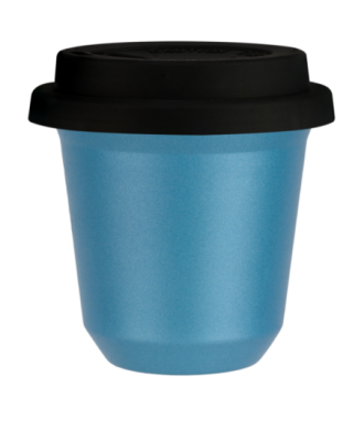 Kubek 150 ml BŁĘKITNY METALIC, z czarną pokrywką Kubek 150 ml BŁĘKITNY METALIC, z czarną pokrywką