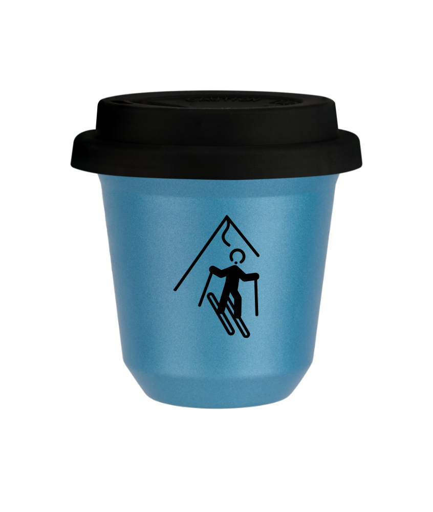 Kubek 150 ml BŁĘKITNY METALIC "Narciarstwo (czarny)", z czarną pokrywką