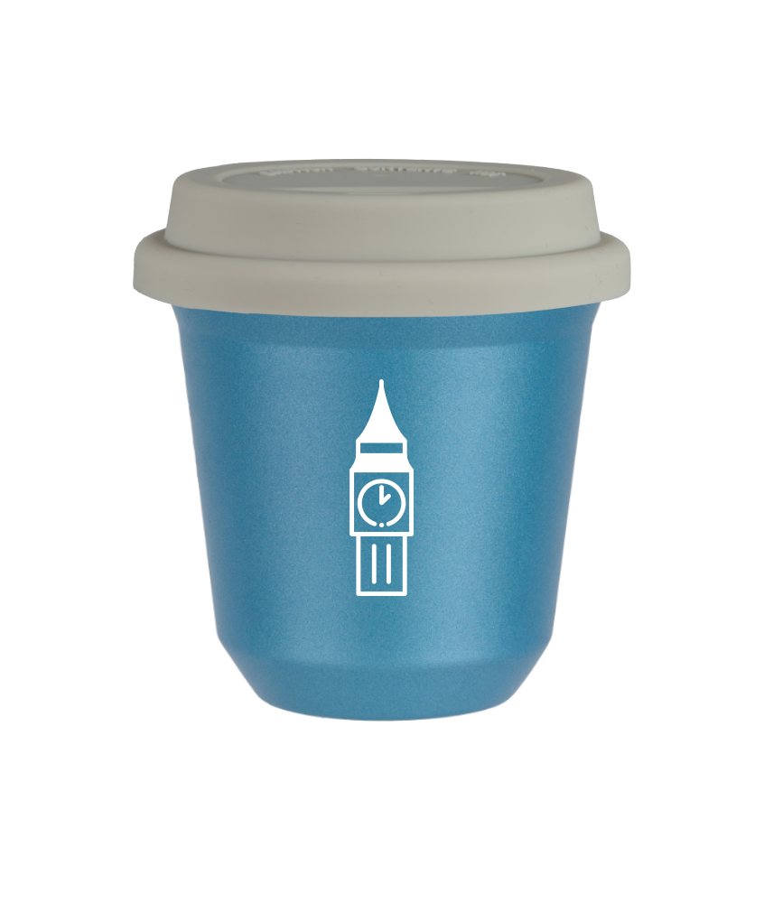 Kubek 150 ml BŁĘKITNY METALIC "BIG BEN (biały)", z białą pokrywką