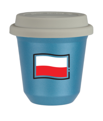 Kubek 150 ml BŁĘKITNY METALIC "Flaga Polski (czarny)", z białą pokrywką Kubek 150 ml BŁĘKITNY METALIC "Flaga Polski (czarny)", z białą pokrywką