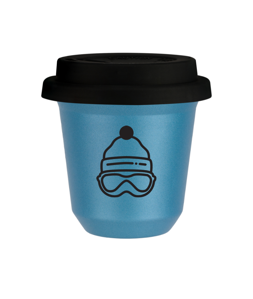 Kubek 150 ml BŁĘKITNY METALIC "Czapka (czarny)", z czarną pokrywką