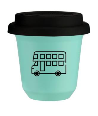 Kubek turkusowy 80 ml, AUTOBUS (czarny) z pokrywką czarną
