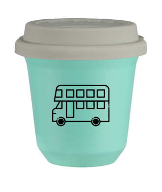 Kubek turkusowy 80 ml, AUTOBUS (czarny) z pokrywką białą