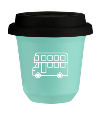 Kubek turkusowy 80 ml, AUTOBUS (biały) z pokrywką czarną